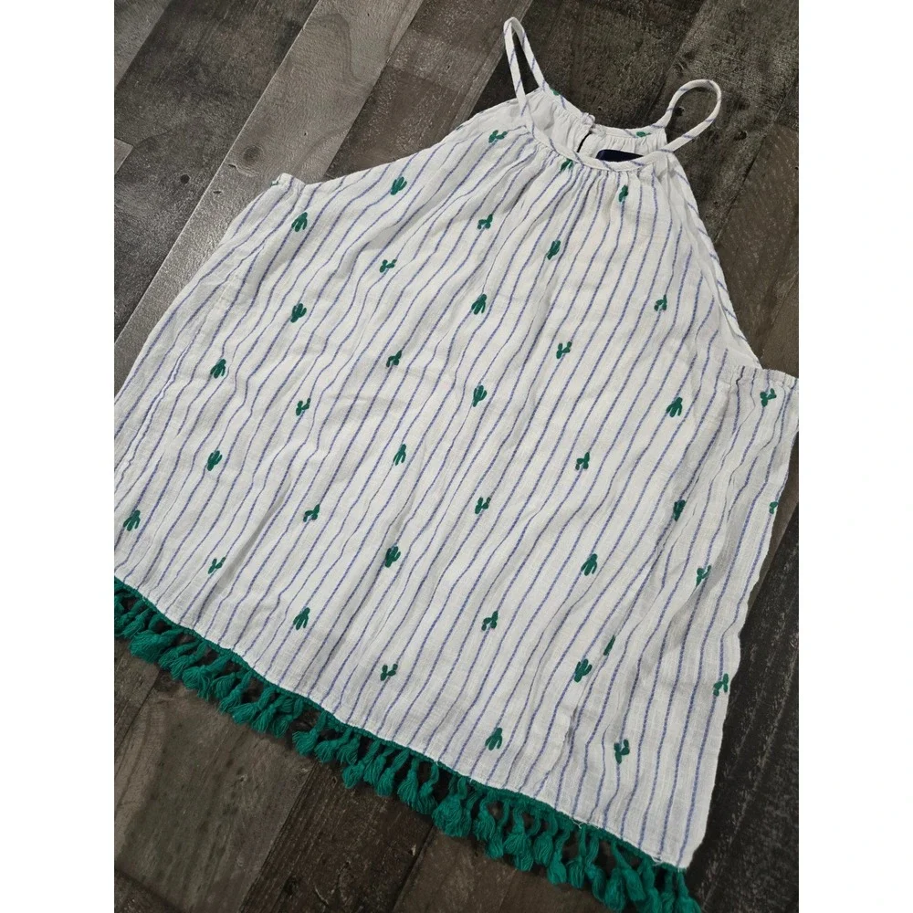 Blue Rain Cactus Embroidered Striped Halter Tank Top with Tassel Trim Medium - Picture 1 of 10